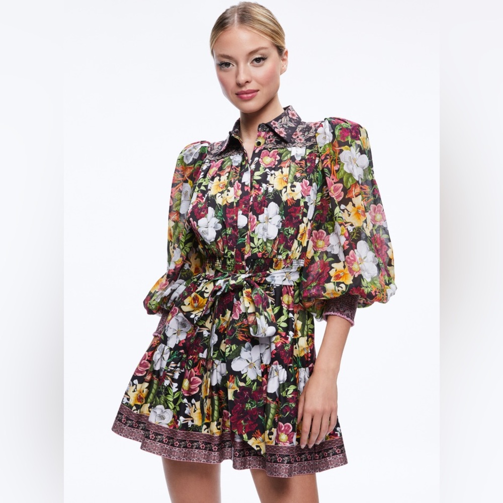 Alice + Olivia Tiffie Mini Dress in Juniper Floral Black NWT